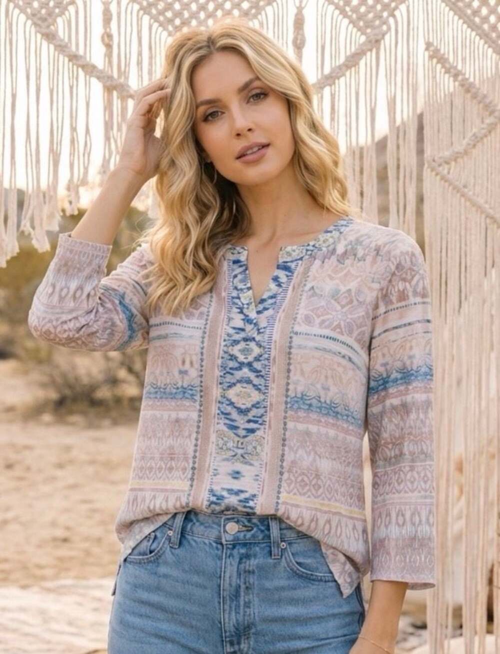 Farmers Market Bohemian Geometric Print 3/4 Sleeve Button Back Top Size L